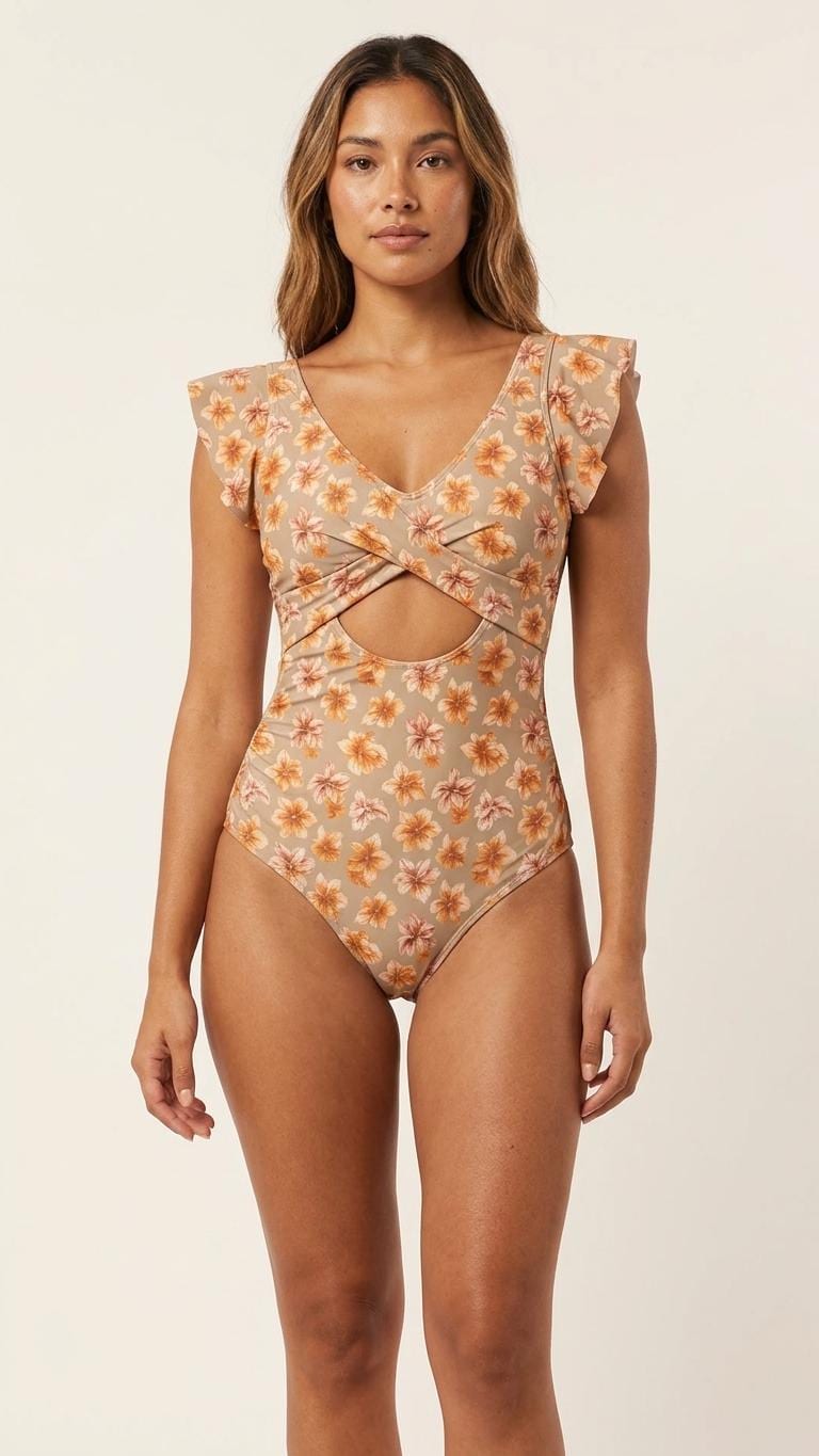 Coquette Romantic Vintage-Inspired Frill V-Neck Ruffle One-Piece Retro Swimsuit, Padding & Tummy Control, Mink Florals