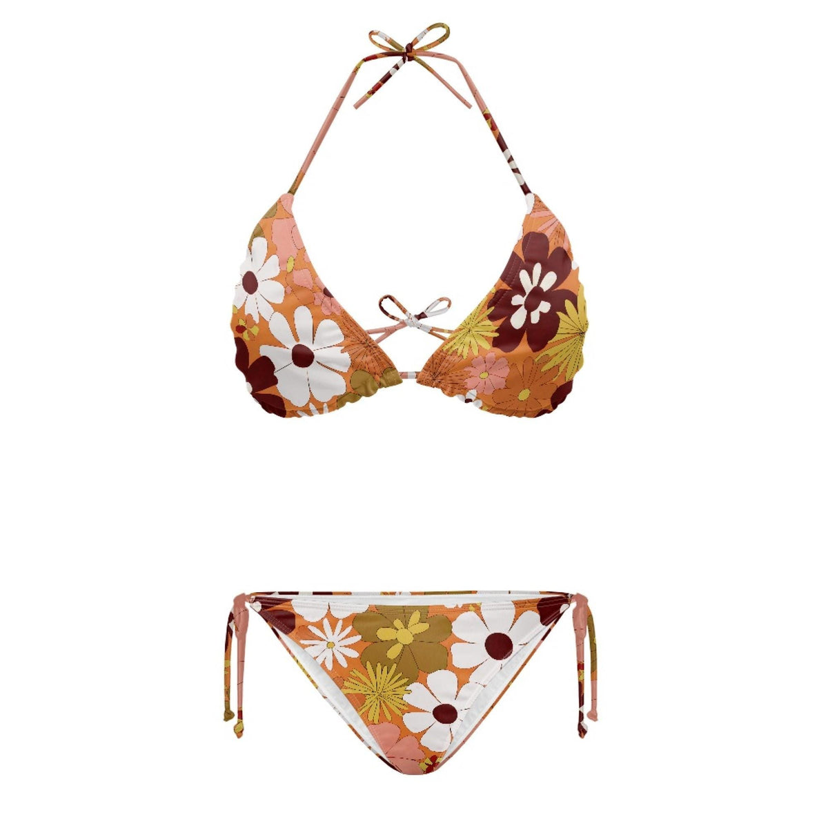 Groovy Retro Floral Triangle Bikini Swimsuit Set, Removable Pads, Halter String Tie-Up - Browns