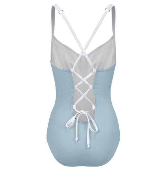 Retro Romantic Push-Up One-Piece Swimsuit with Lace-Up Back, Blue