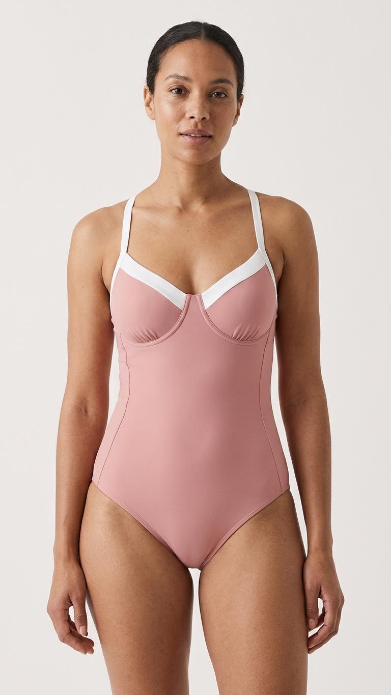 Retro Romantic Push-Up One-Piece Swimsuit with Lace-Up Back, Pink