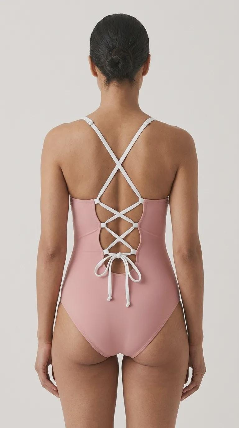Retro Romantic Push-Up One-Piece Swimsuit with Lace-Up Back, Pink