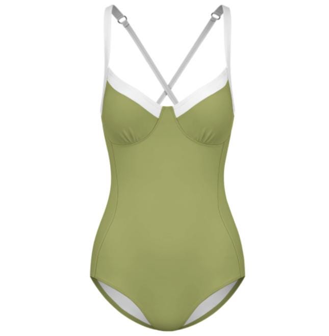 Retro Romantic Push-Up One-Piece Swimsuit with Lace-Up Back, Olive Green
