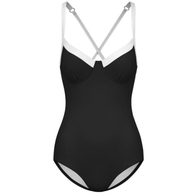 Retro Romantic Push-Up One-Piece Swimsuit with Lace-Up Back, Black