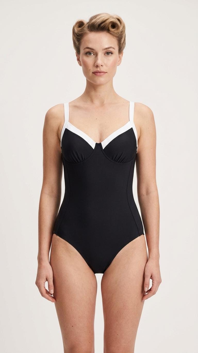 Retro Romantic Push-Up One-Piece Swimsuit with Lace-Up Back, Black
