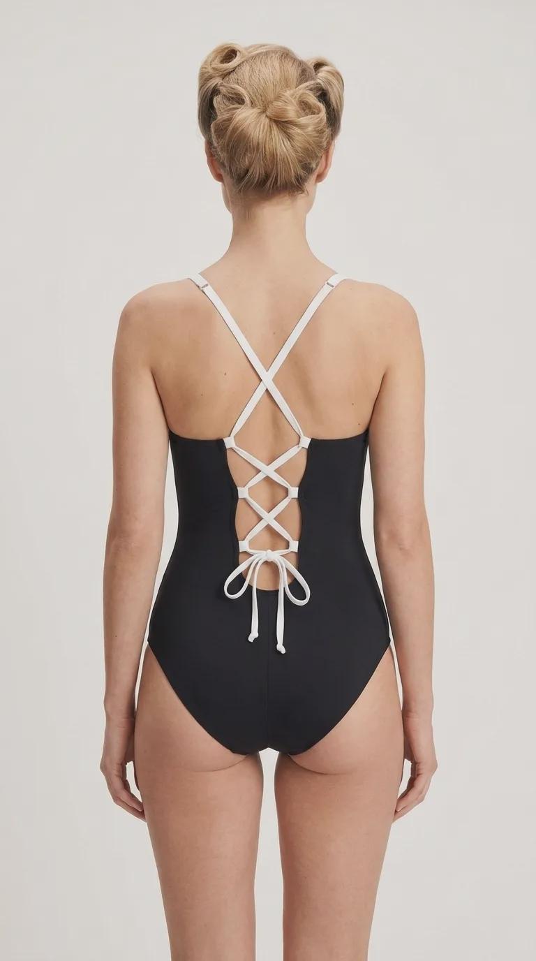 Retro Romantic Push-Up One-Piece Swimsuit with Lace-Up Back, Black