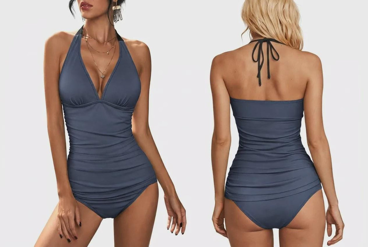 V-Neck Adjustable Halter Tankini | Split Two-Piece Halter Retro Swimsuit | Blue