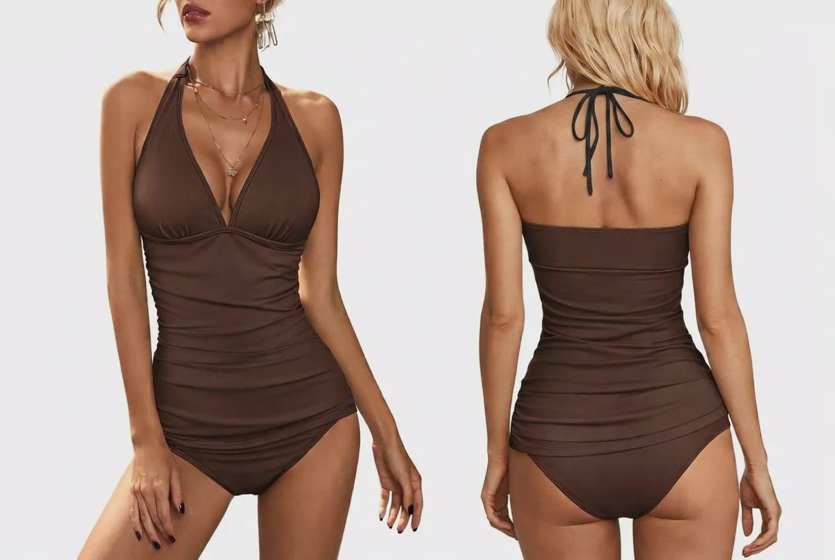 V-Neck Adjustable Halter Tankini | Split Two-Piece Halter Retro Swimsuit | Brown