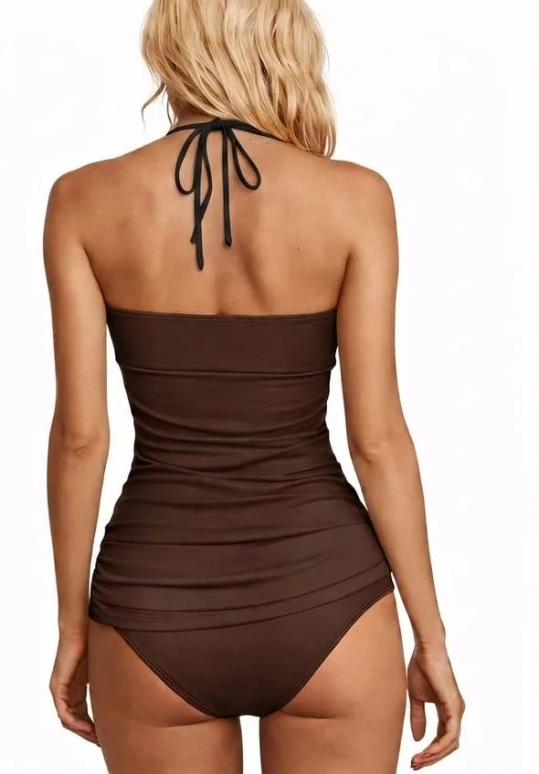 V-Neck Adjustable Halter Tankini | Split Two-Piece Halter Retro Swimsuit | Brown