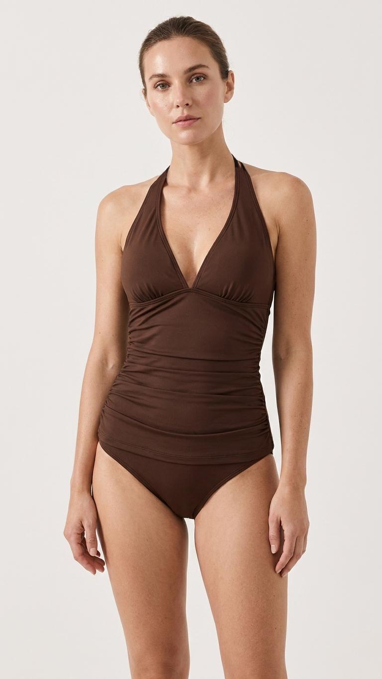 V-Neck Adjustable Halter Tankini | Split Two-Piece Halter Retro Swimsuit | Brown