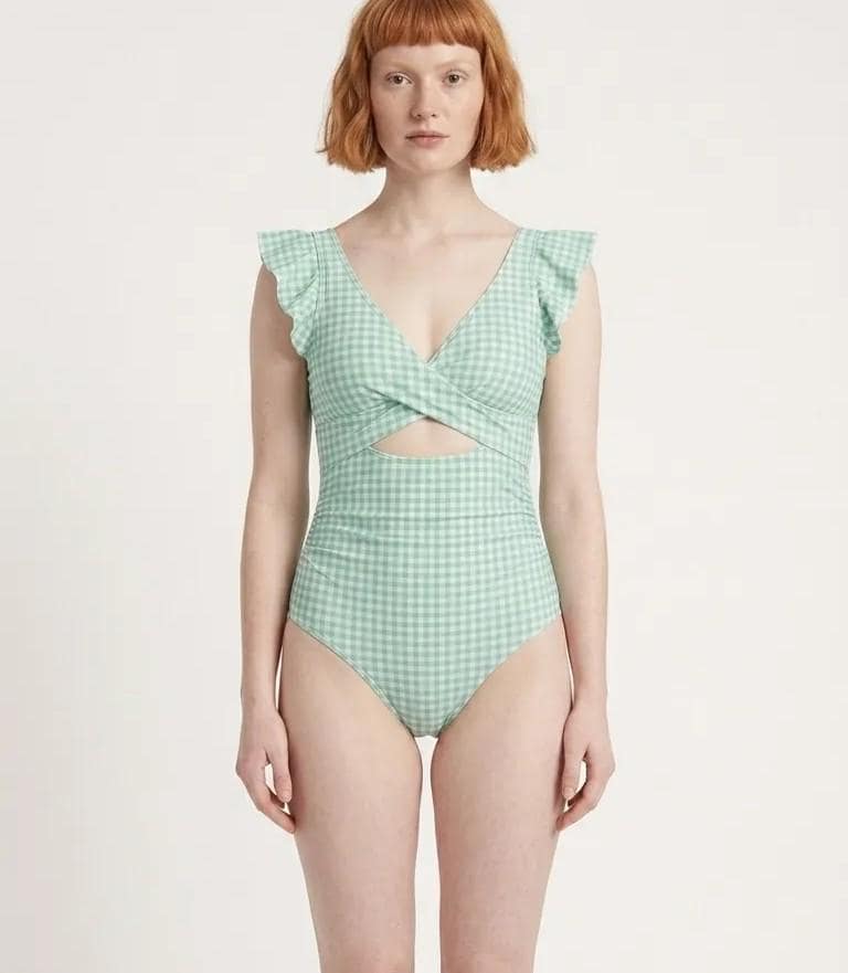 Coquette Romantic Vintage-Inspired V-Neck One-Piece Retro Swimsuit with Frills, Padding & Tummy Control, Mint Gingham