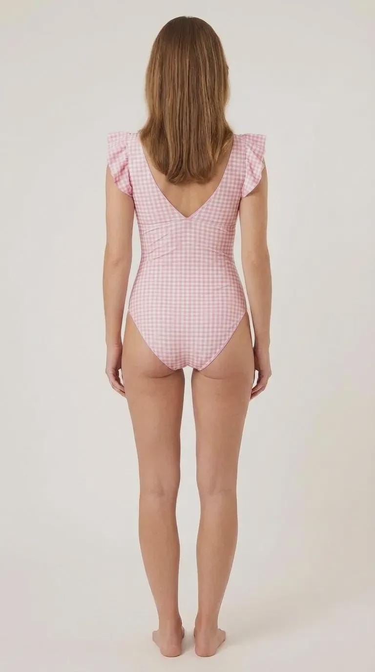 Coquette Romantic Vintage-Inspired Frills V-Neck Ruffle One-Piece Retro Swimsuit, Padding & Tummy Control, Pink