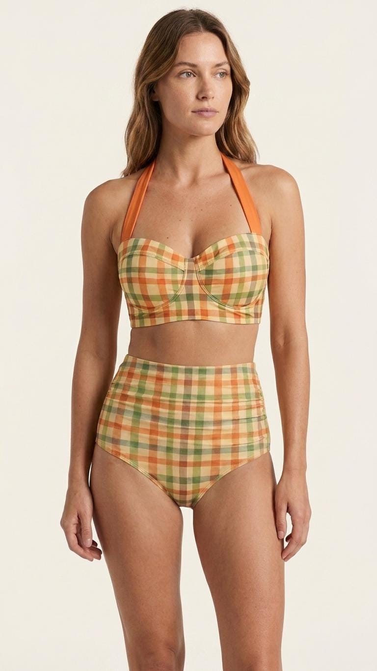 Retro Sweetheart High-Waist Bikini, 1970s-Inspired Pin Up Halter Swimsuit, Beige