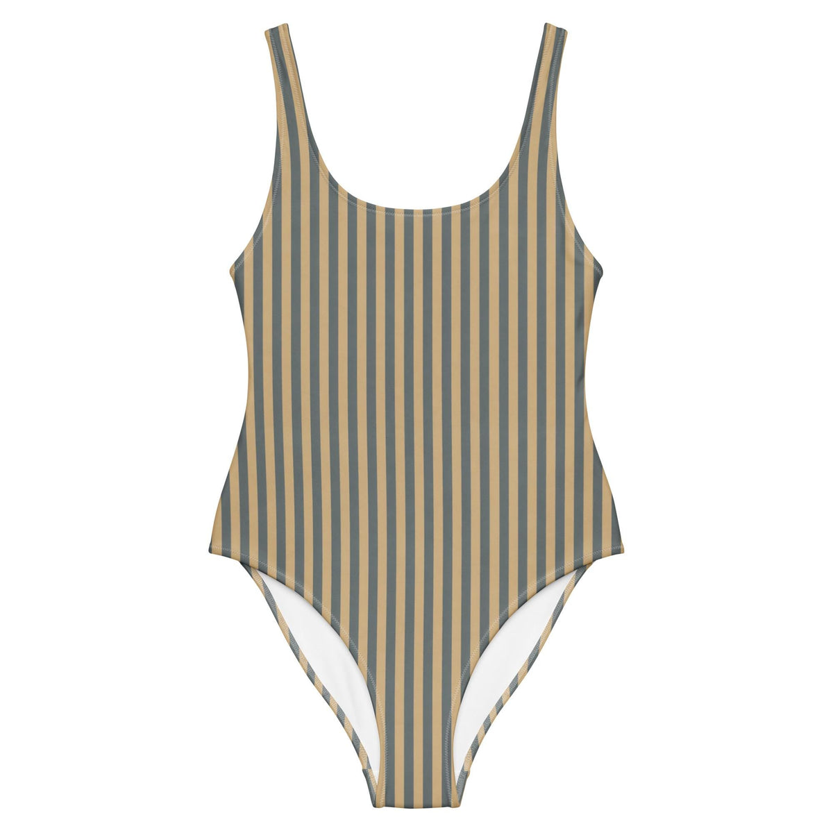 Vintage-Inspired Classic One-Piece Swimsuit, Nautical Bathing Suit, Low Scoop Back, Stripy Stone Blue