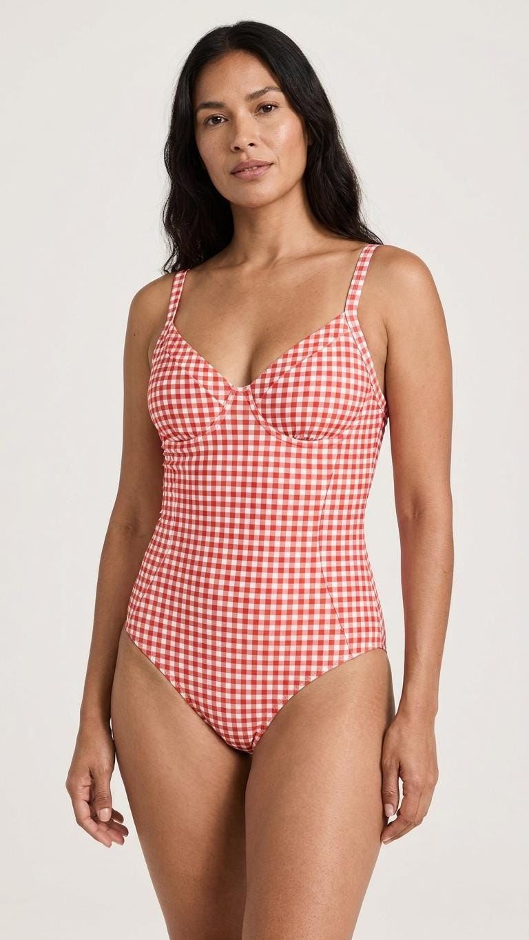 Retro Romantic Gingham Push-Up One-Piece Swimsuit with Lace-Up Back, Red