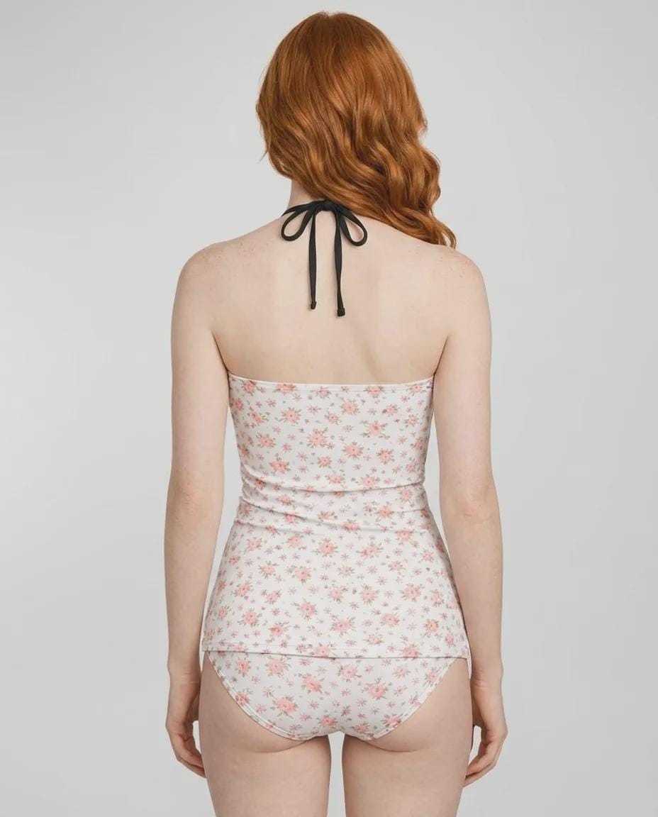 Floral White Romantic Adjustable Halter Tankini | V-Neck Split Two-Piece Swimsuit | Retro Roses