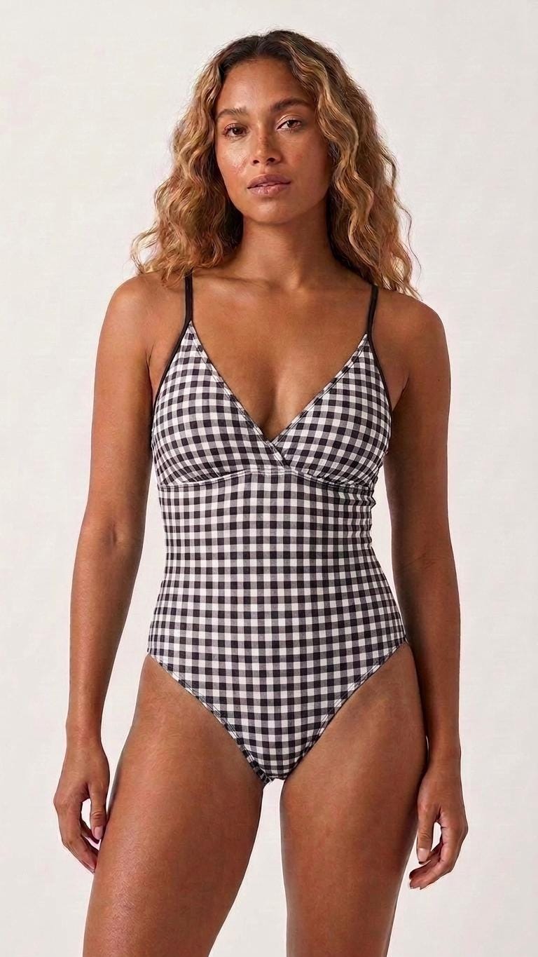 Retro Black Gingham V-Neck Plunge One-Piece Swimsuit – Sporty, Adjustable Fit