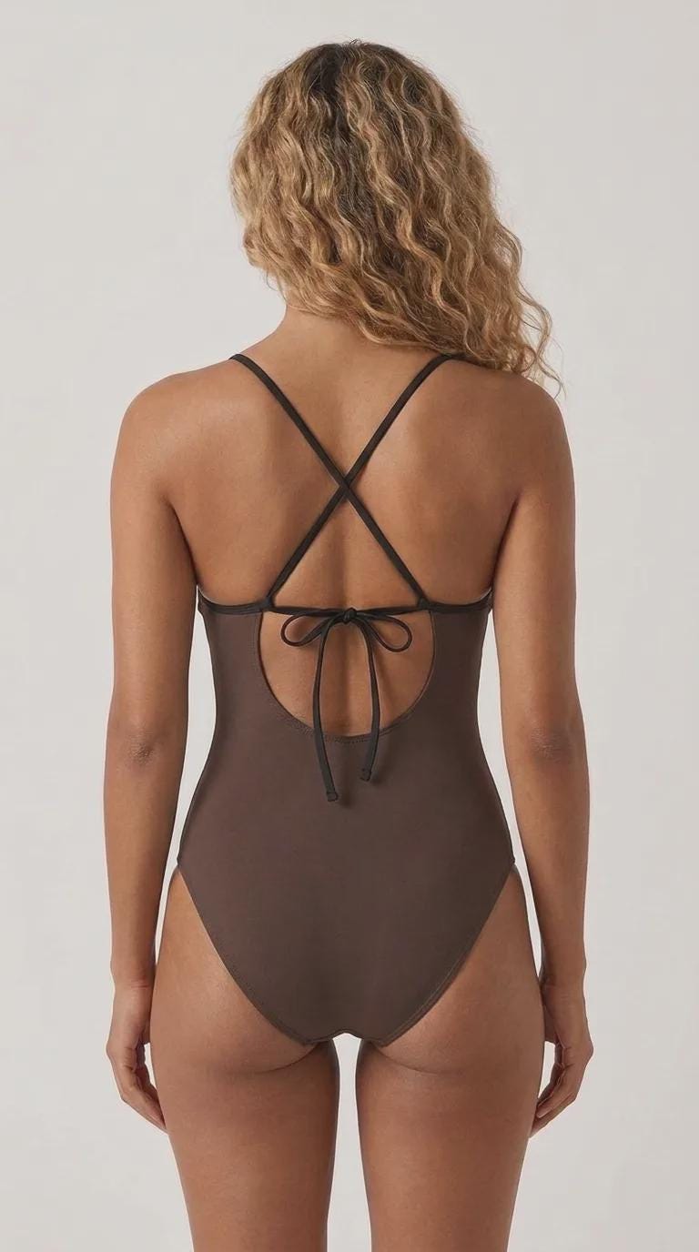 Retro Brown V-Neck Plunge One-Piece Swimsuit – Sporty, Adjustable Fit