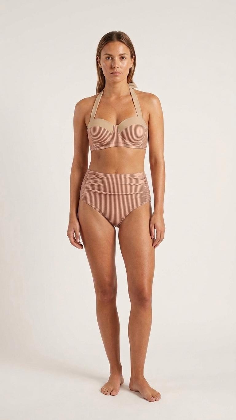 Vintage-Inspired High-Waist Bikini | Retro 50s Halter Swimsuit | Pin-Up Sweetheart Ruched Striped Bathing Suit | Beige