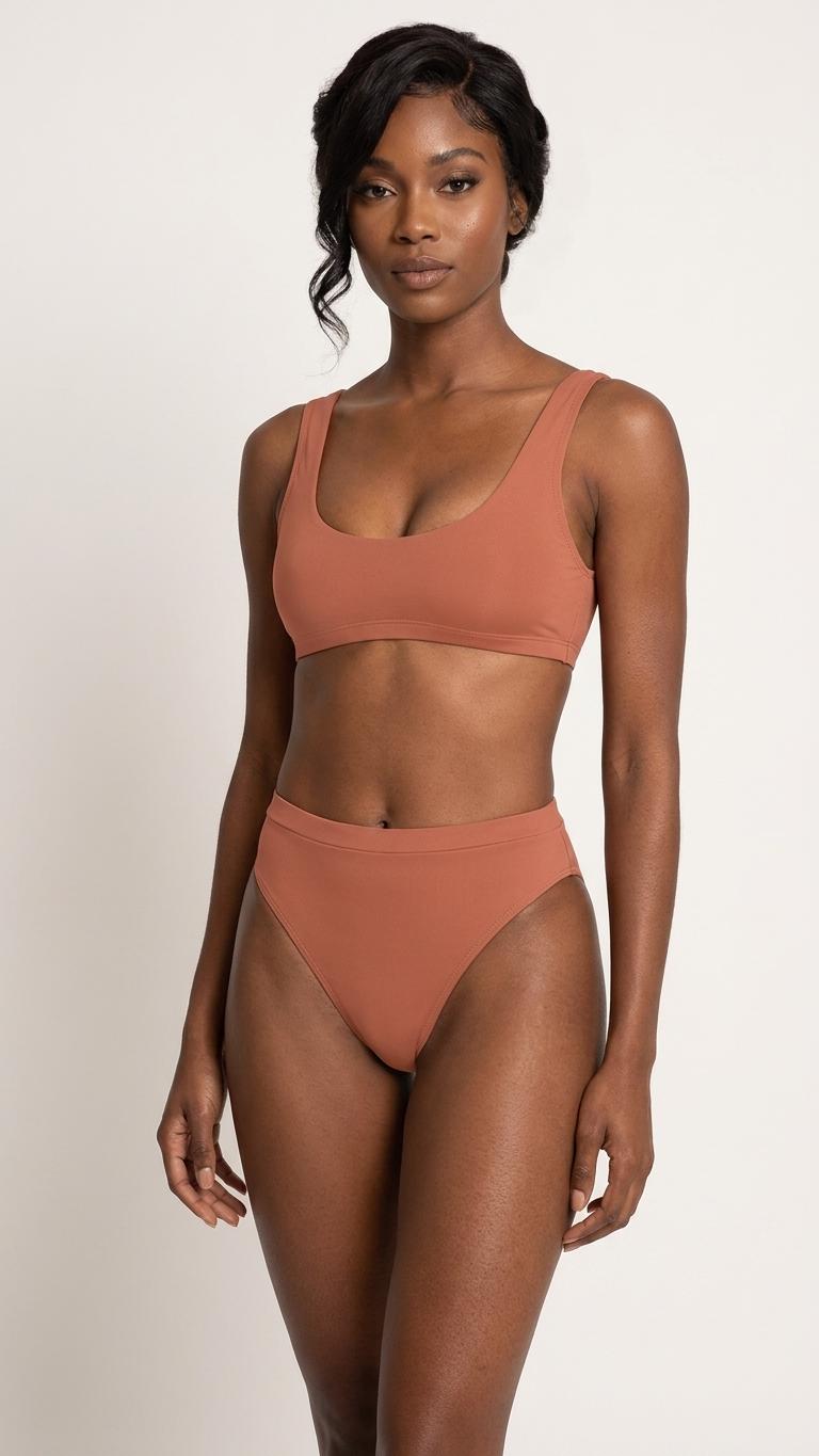 Terracotta Sporty Sexy Bikini – High-Waisted Swimsuit, Scoop-Neck Crop-Top, Flattering High-Leg