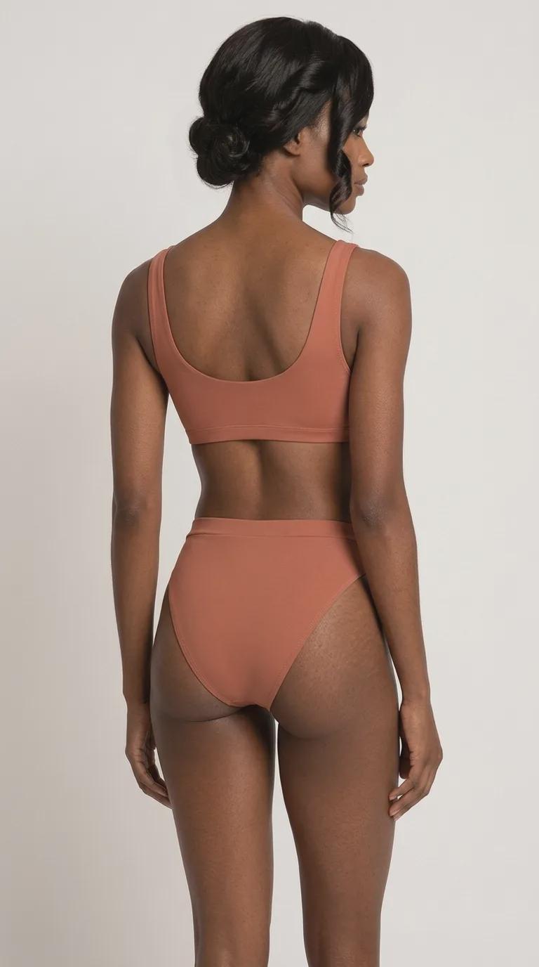 Terracotta Sporty Sexy Bikini – High-Waisted Swimsuit, Scoop-Neck Crop-Top, Flattering High-Leg