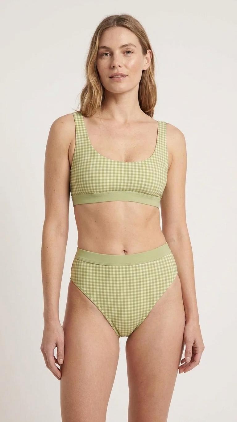 Vintage-Inspired Gingham Sporty Sexy Bikini – High-Waist High-Leg Swimsuit, Scoop-Neck Crop-Top, Green