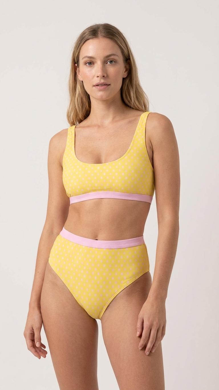 Vintage-Inspired Spotty Sporty Sexy Bikini – High-Waist High-Leg Swimsuit, Scoop-Neck Crop-Top, Yellow Pink Polka-Dot