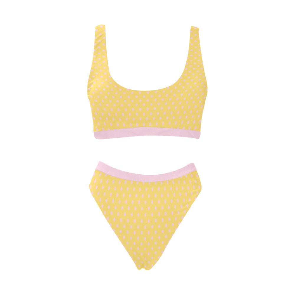 Vintage-Inspired Spotty Sporty Sexy Bikini – High-Waist High-Leg Swimsuit, Scoop-Neck Crop-Top, Yellow Pink Polka-Dot