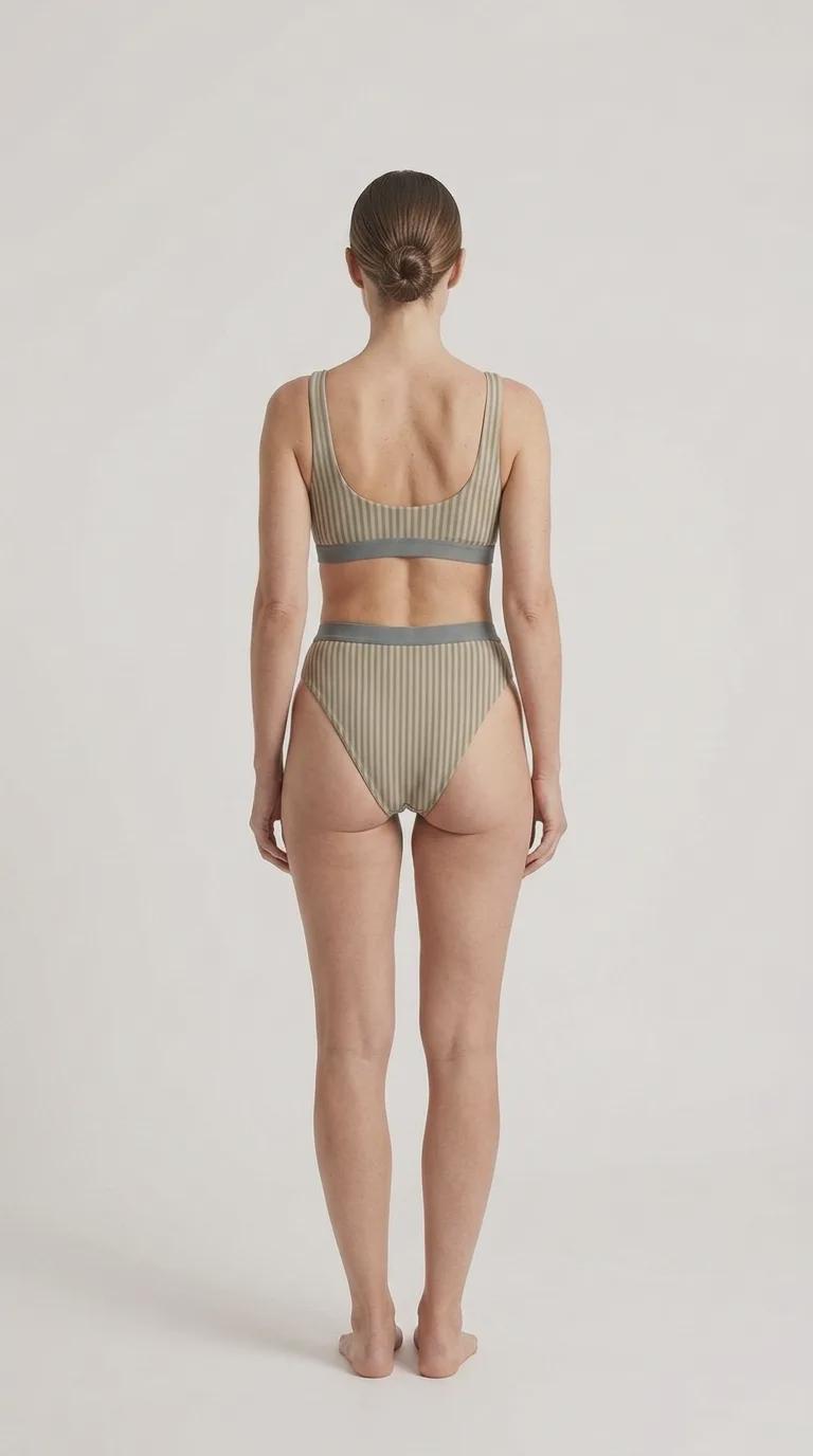 Vintage-Inspired Stripy Sporty Sexy Bikini – High-Waist High-Leg Swimsuit, Scoop-Neck Crop-Top, Sepia Blue