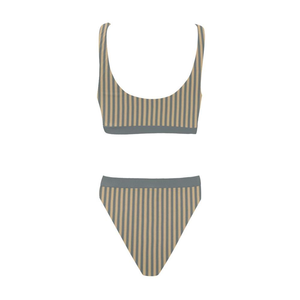Vintage-Inspired Stripy Sporty Sexy Bikini – High-Waist High-Leg Swimsuit, Scoop-Neck Crop-Top, Sepia Blue