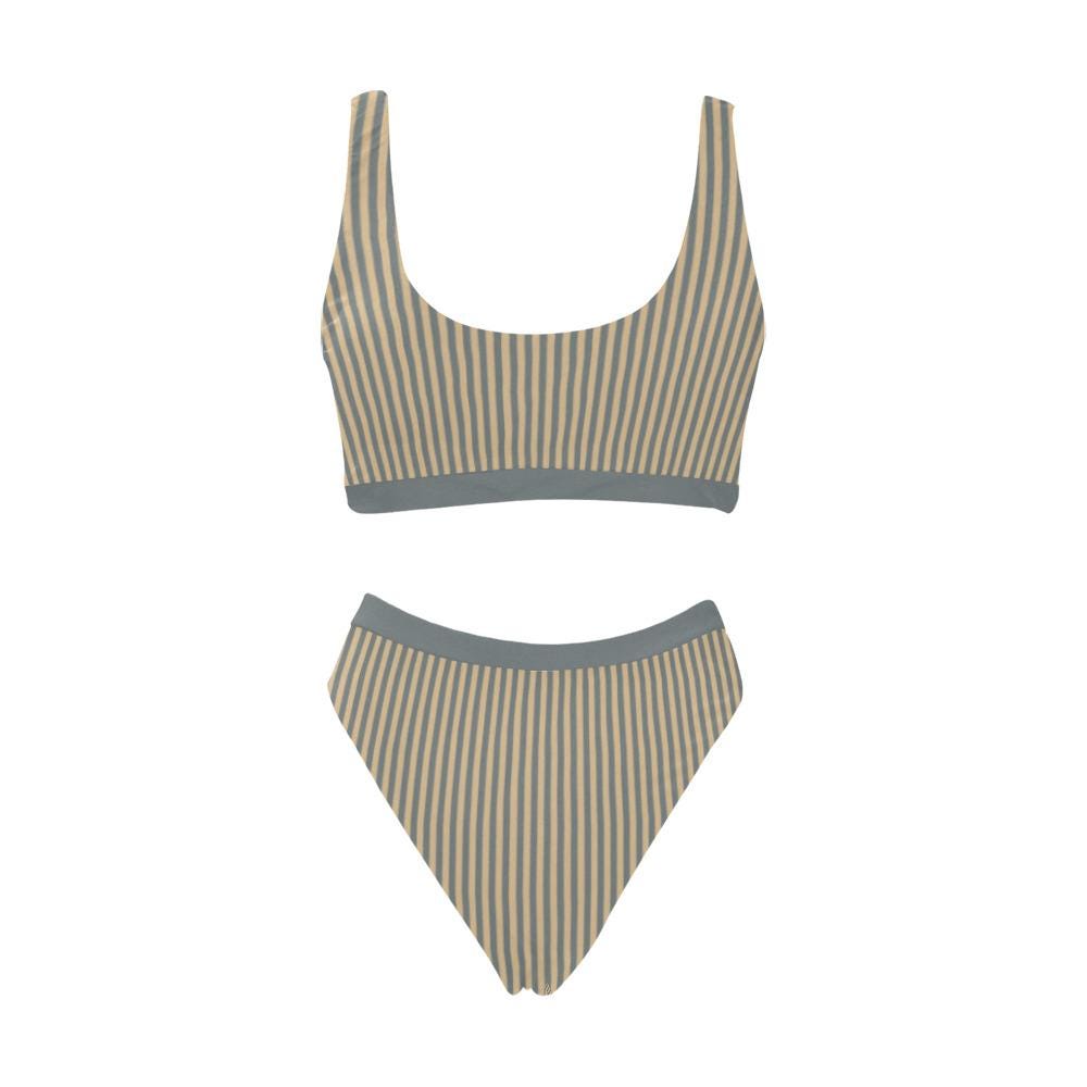 Vintage-Inspired Stripy Sporty Sexy Bikini – High-Waist High-Leg Swimsuit, Scoop-Neck Crop-Top, Sepia Blue