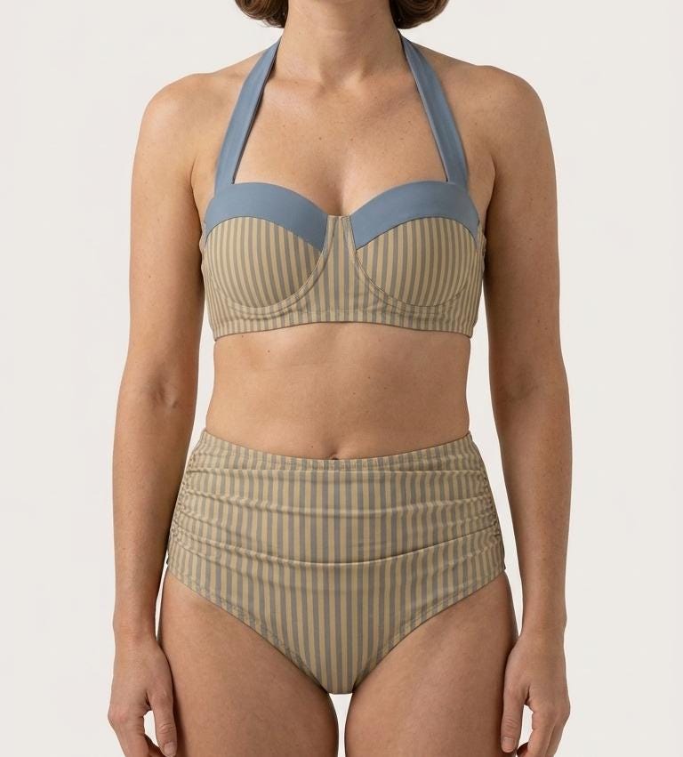 Vintage-Style High-Waisted Bikini | Retro Sweetheart Striped Pin-Up Halter Ruched Two-Piece Swimsuit, Sepia & Blue