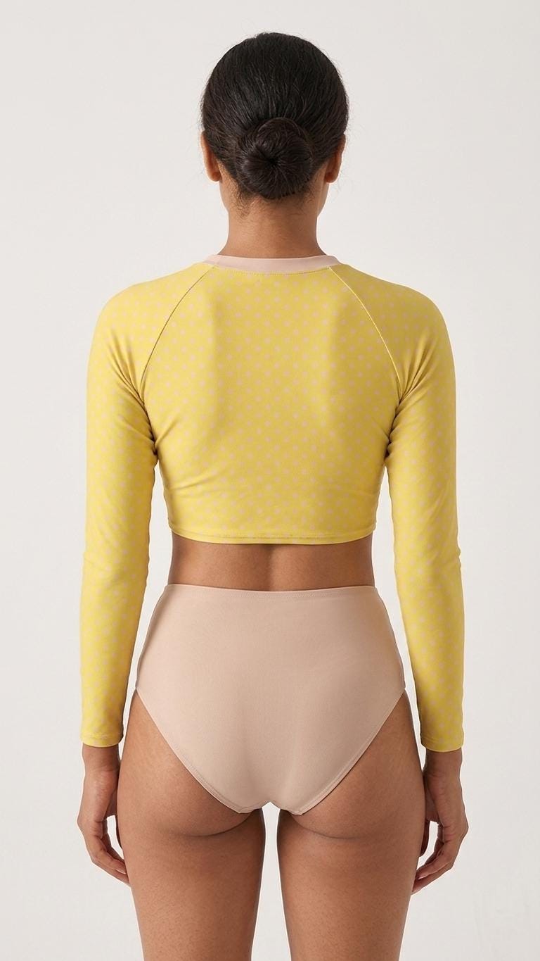 Spotty Two-Piece Swimsuit, Retro Long Sleeve Crop Rash Guard, Yellow & Pink