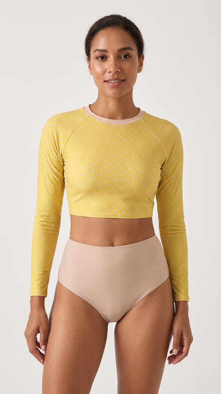 Spotty Two-Piece Swimsuit, Retro Long Sleeve Crop Rash Guard, Yellow & Pink