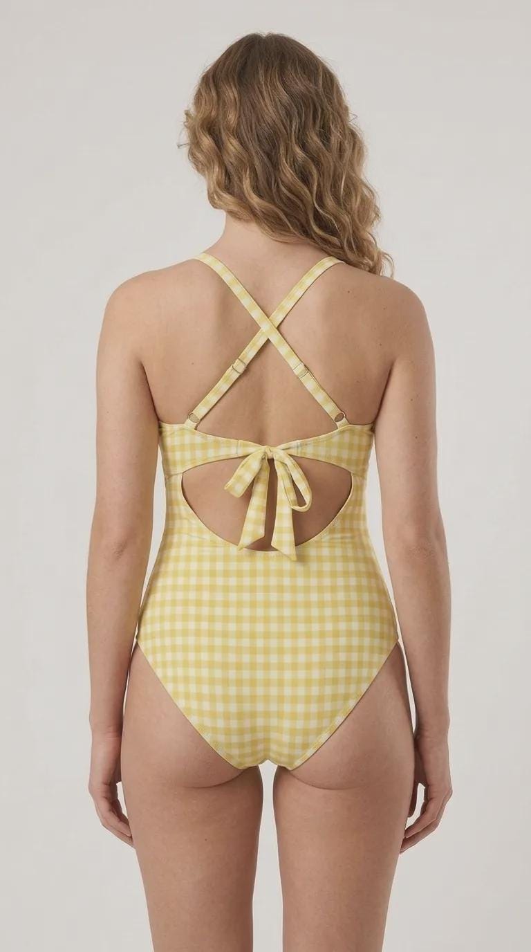 Gingham Cut-Out One-Piece Swimsuit, Lace-Up Back & Ruching, Pin-Up Vibes, Yellow