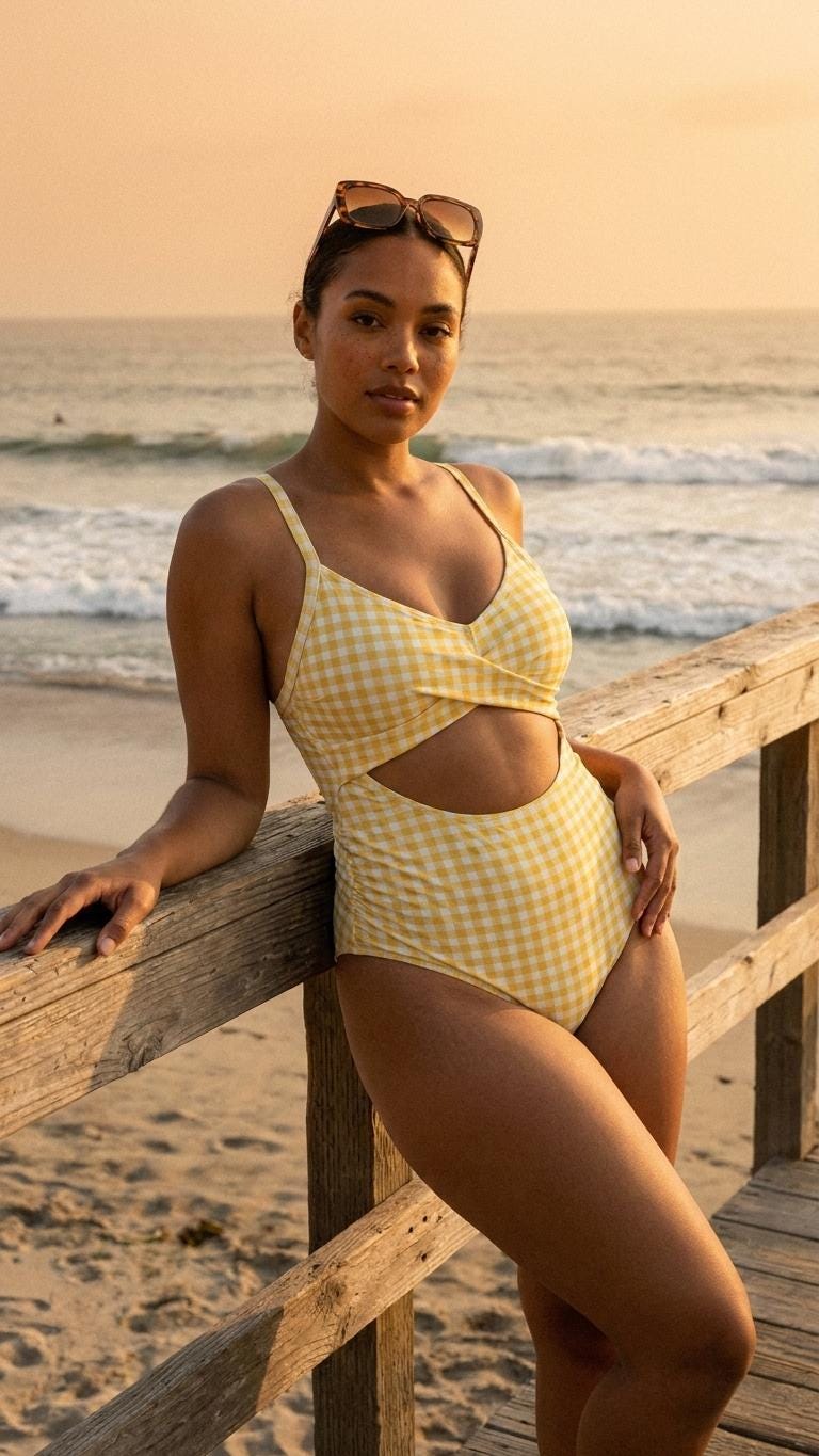Gingham Cut-Out One-Piece Swimsuit, Lace-Up Back & Ruching, Pin-Up Vibes, Yellow