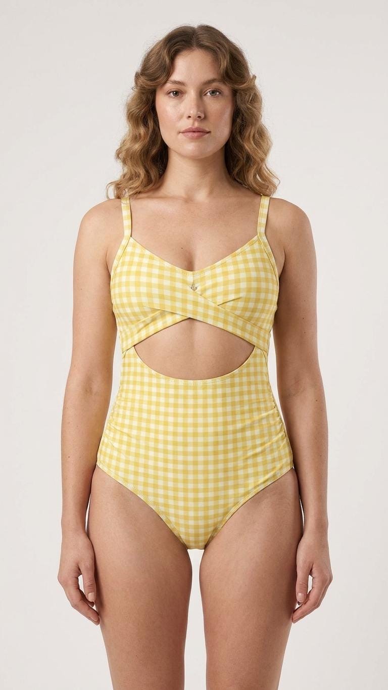 Gingham Cut-Out One-Piece Swimsuit, Lace-Up Back & Ruching, Pin-Up Vibes, Yellow