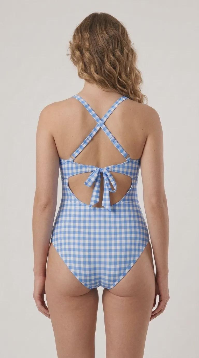 Gingham Cut-Out One-Piece Swimsuit, Lace-Up Back & Ruching, Pin-Up Vibes, Blue