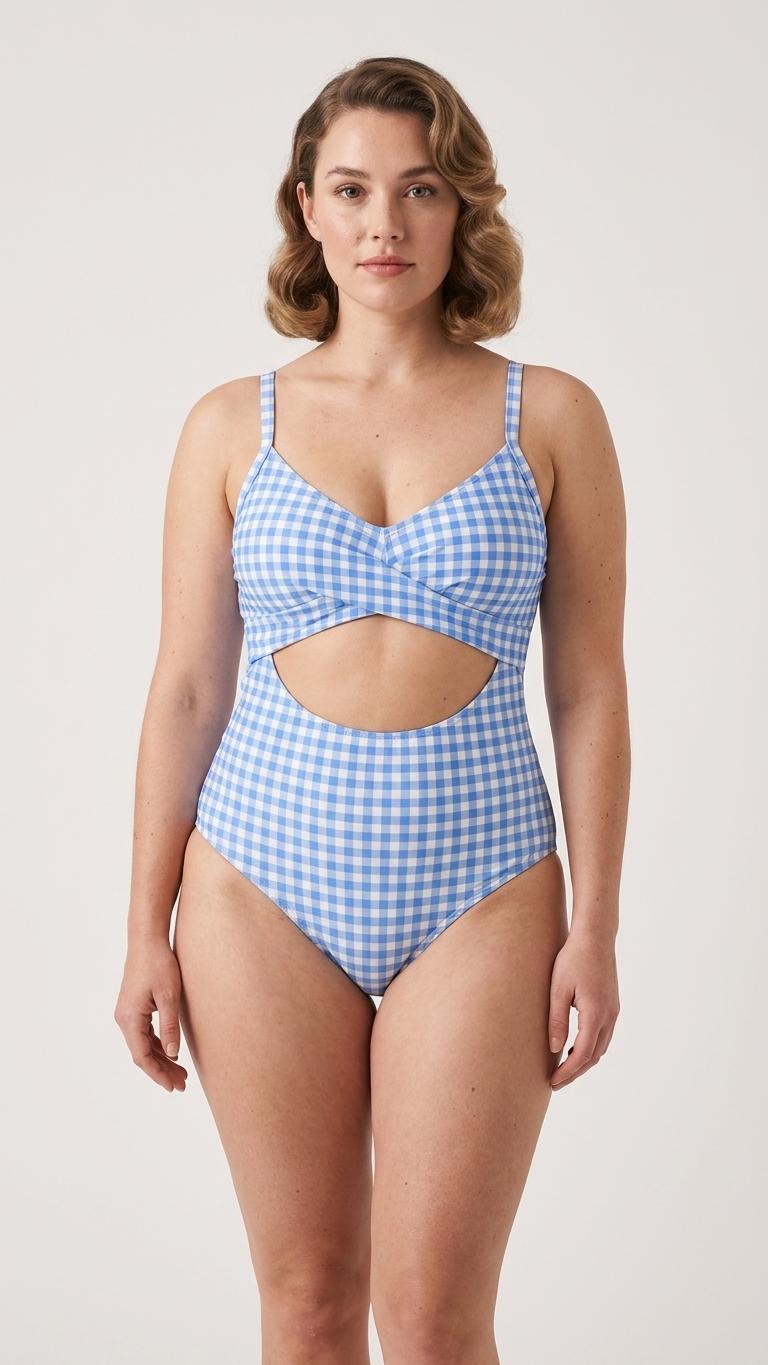 Gingham Cut-Out One-Piece Swimsuit, Lace-Up Back & Ruching, Pin-Up Vibes, Blue