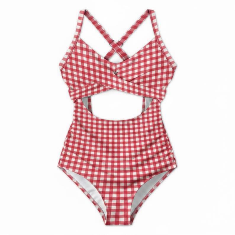 Gingham Cut-Out One-Piece Swimsuit, Lace-Up Back & Ruching, Pin-Up Vibes, Red