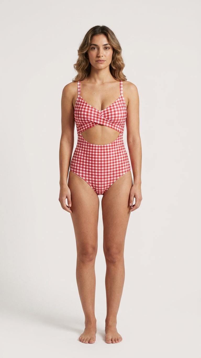 Gingham Cut-Out One-Piece Swimsuit, Lace-Up Back & Ruching, Pin-Up Vibes, Red