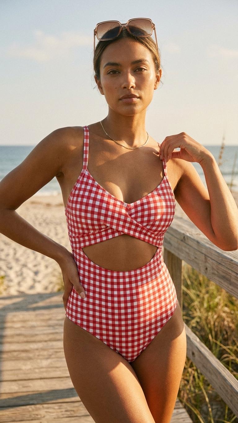 Gingham Cut-Out One-Piece Swimsuit, Lace-Up Back & Ruching, Pin-Up Vibes, Red
