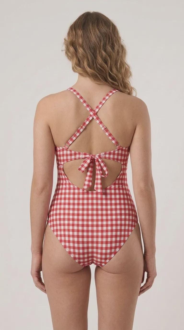 Gingham Cut-Out One-Piece Swimsuit, Lace-Up Back & Ruching, Pin-Up Vibes, Red