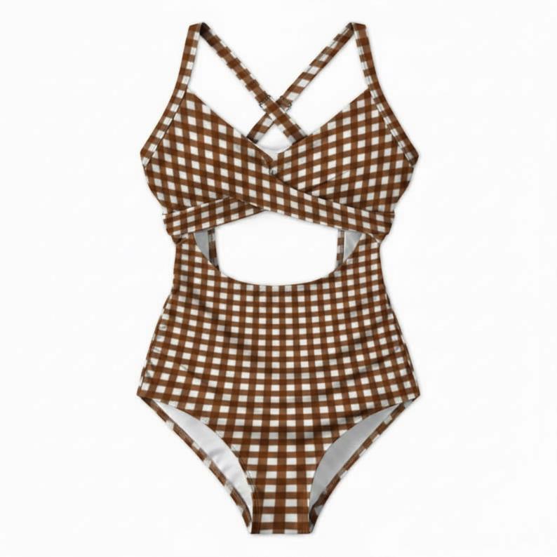 Gingham Cut-Out One-Piece Swimsuit, Lace-Up Back & Ruching, Pin-Up Vibes, Brown