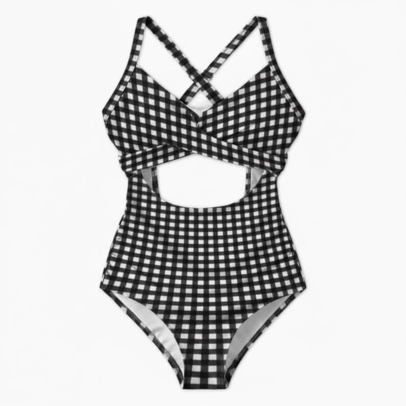 Gingham Cut-Out One-Piece Swimsuit, Lace-Up Back & Ruching, Pin-Up Vibes, Black