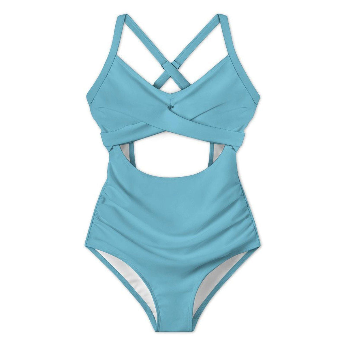 Azure Blue Cut-Out One-Piece Swimsuit, Lace-Up Back & Ruching, Pin-Up Vibes