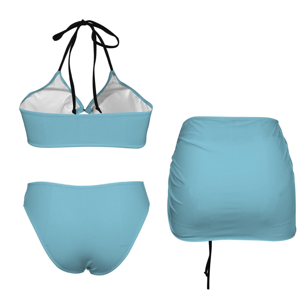 Halter Drawstring Three-Piece Swimsuit with Beach Skirt, Pin-Up Retro Vibe, Azure Blue