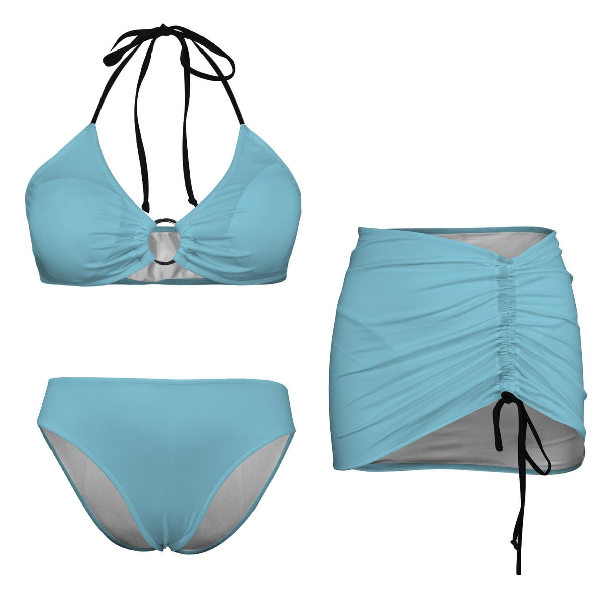 Halter Drawstring Three-Piece Swimsuit with Beach Skirt, Pin-Up Retro Vibe, Azure Blue