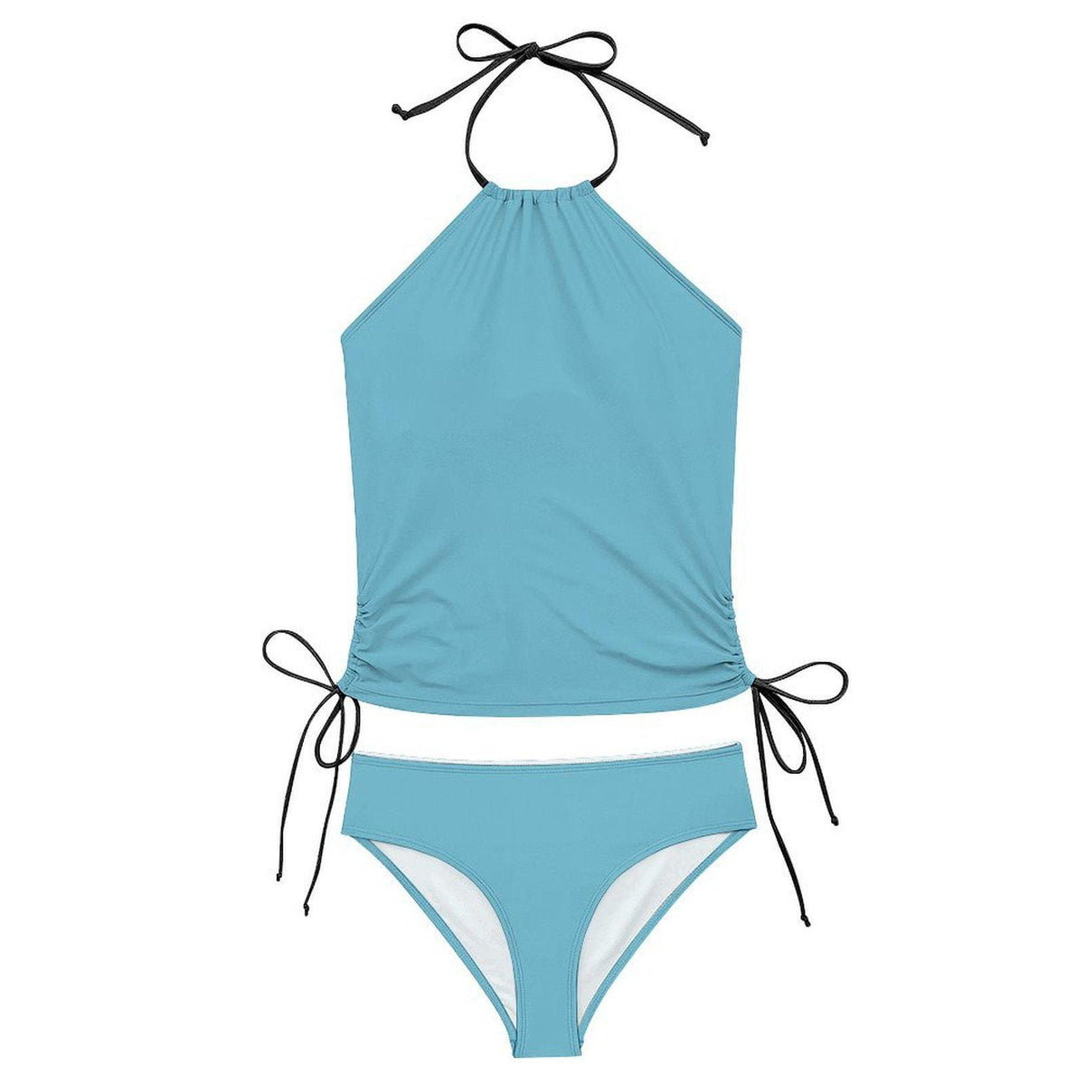 Stylish Halterneck Tankini – Azure Blue Two-Piece Swimsuit with Side Drawstrings, Flattering & Comfortable