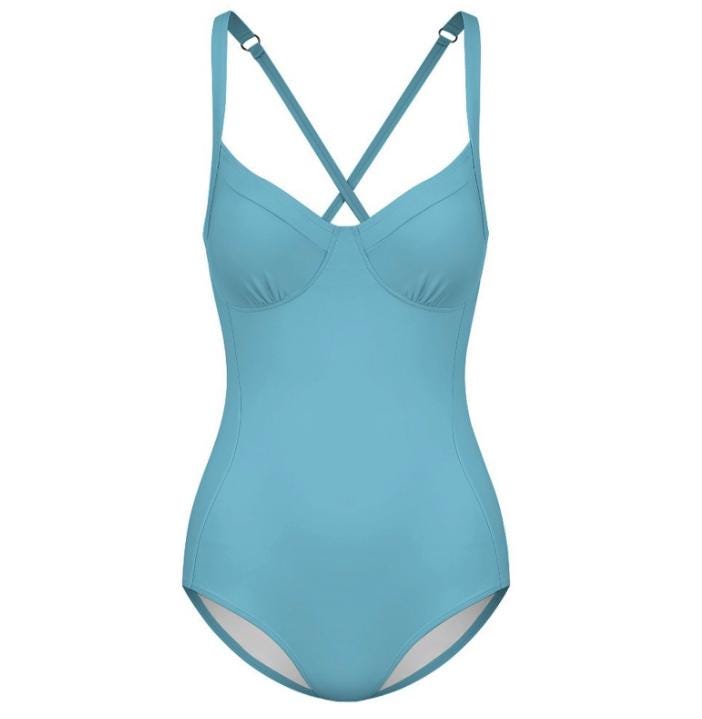 Retro Romantic Push-Up One-Piece Swimsuit with Lace-Up Back, Azure Blue