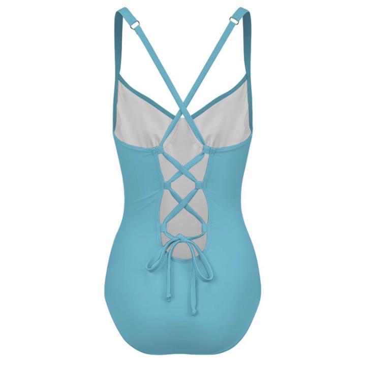Retro Romantic Push-Up One-Piece Swimsuit with Lace-Up Back, Azure Blue
